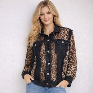 AZI Distressed Black Denim Jacket Sheer Animal Print Sz XL Rocker Mobwife